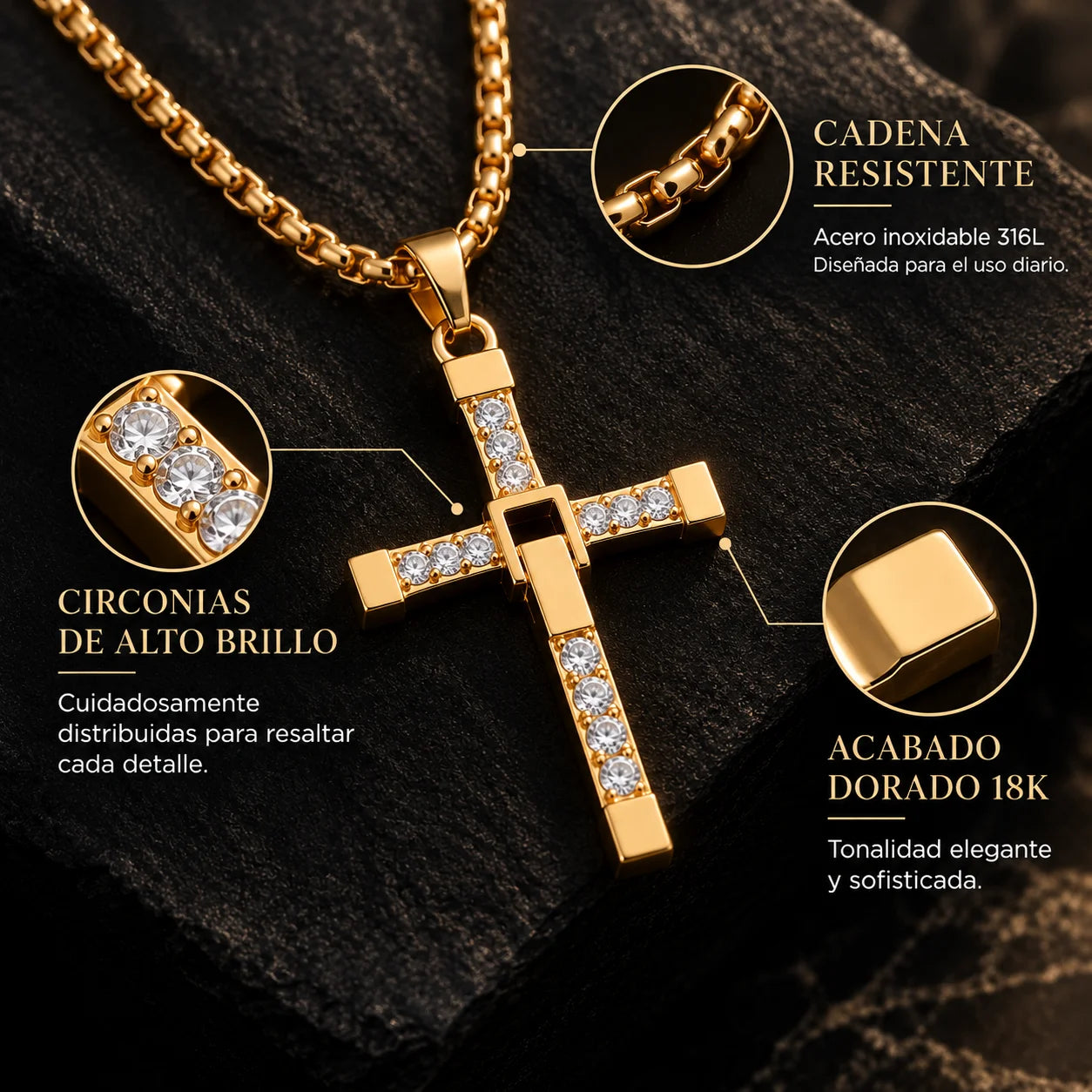 Cadena bañada en oro 18K con Cruz Imperial y circonias de alto brillo